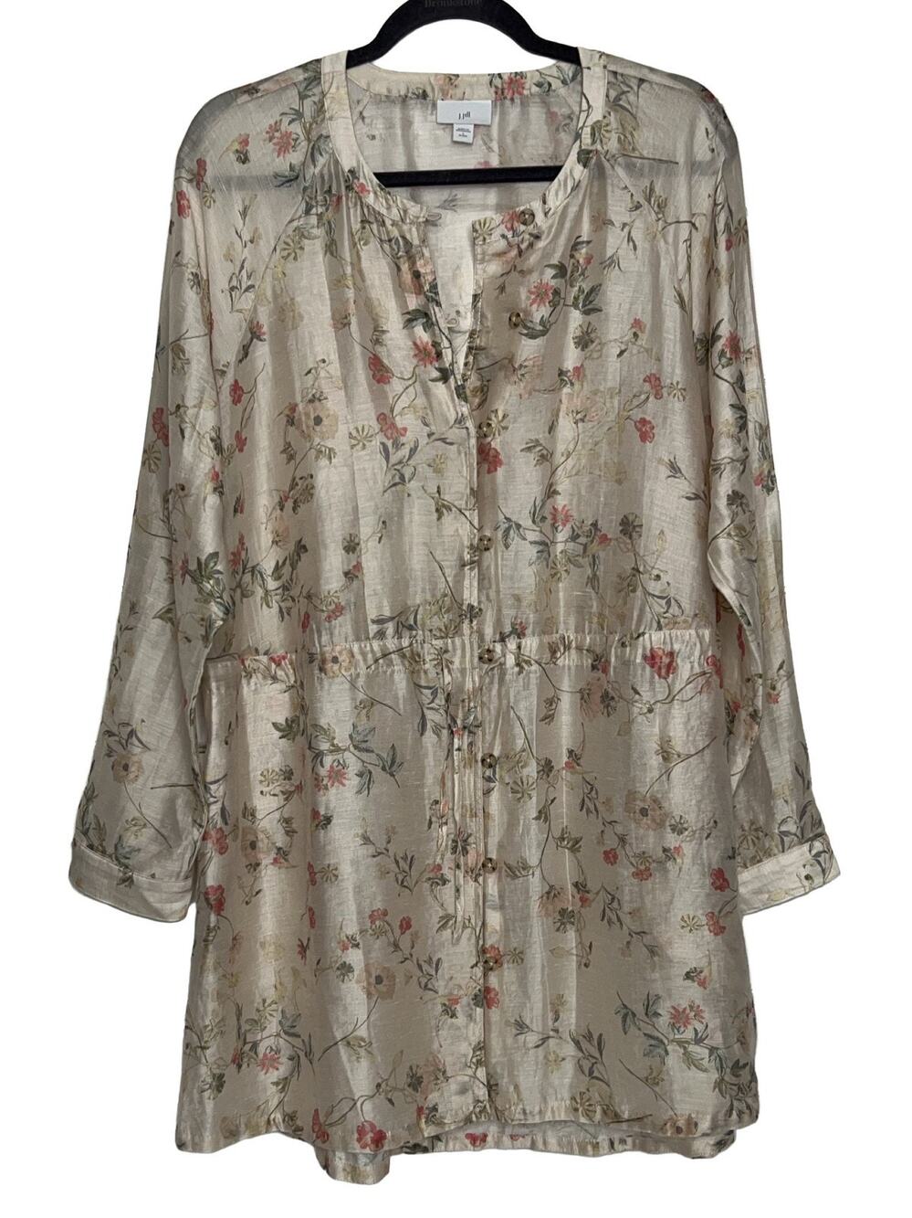 J.Jill Floral Drawstring Tunic Blouse Large Petite Beige Linen Blend Pockets